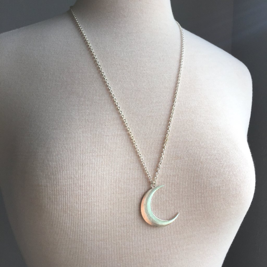 Silver Crescent Moon Long Necklace